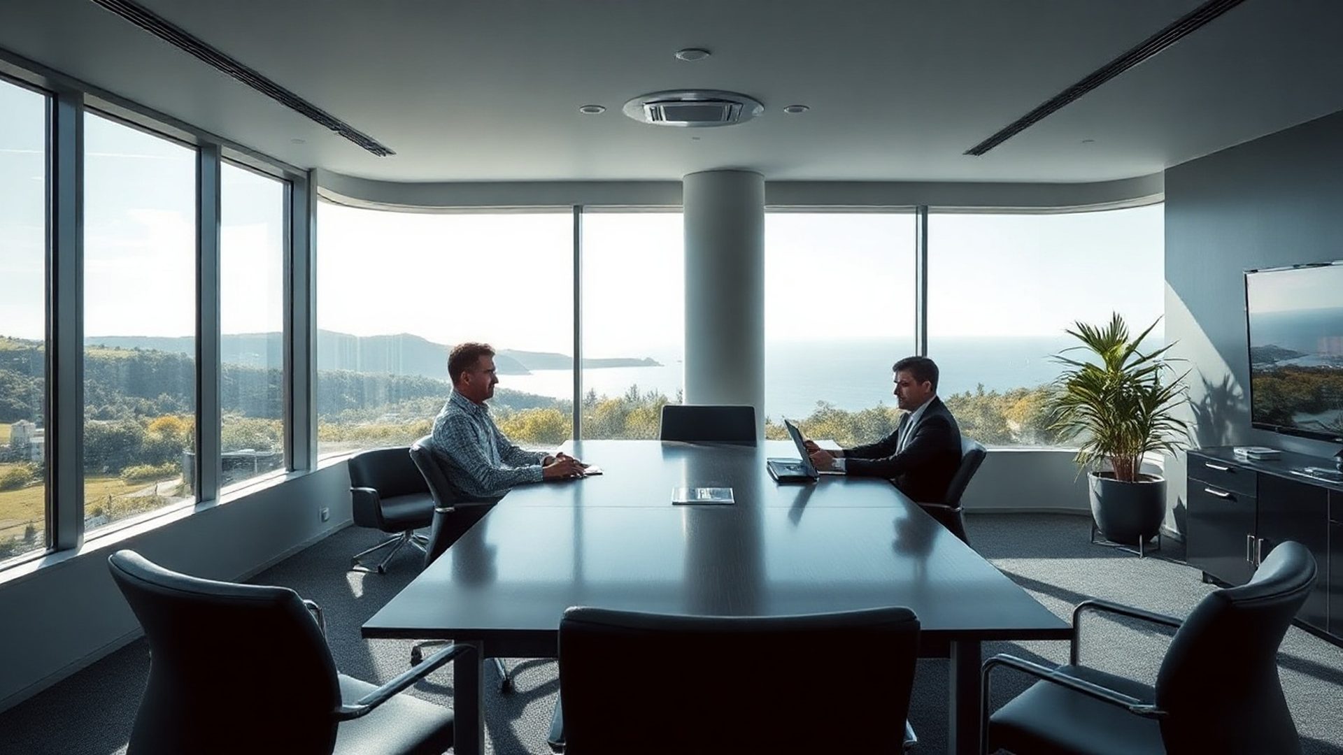 Two professionals in conversation at a polished boardroom table in a bright Dunedin office