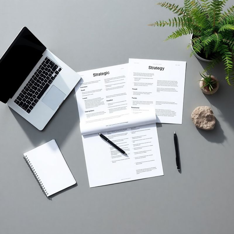 Overhead view of a slate-grey desk with strategic documents, a laptop, and a pen