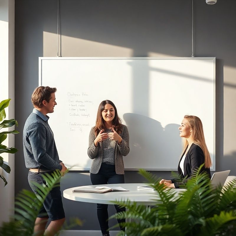 A small consulting team collaborating around a whiteboard in a Dunedin office